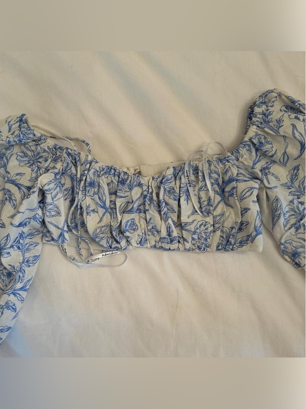 For Love & Lemons Cream and Blue Floral Ruched Off-Shoulder Crop Top